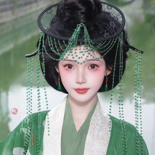 格格间原创【阿若公主】绿色红色珠帘汉服蝴蝶战国袍流苏帷帽古风