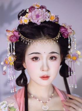 格格间原创设计【紫霞仙】紫色花神发冠汉服仙女发饰绢花流苏配饰