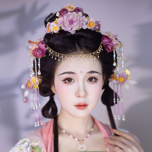 格格间原创设计【紫霞仙】紫色花神发冠汉服仙女发饰绢花流苏配饰