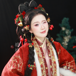 格格间原创 红色蝴蝶结浆果发夹绢花新年可爱汉服头饰 圣诞合集