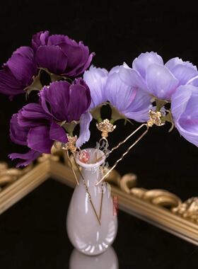 格格间原创【伊落】春日唐风绢花发簪紫色侧戴仙气汉服古风配饰