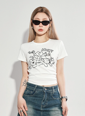 nomt夏季新款猫猫狗狗图案线条印花短袖 短款修身百搭T恤