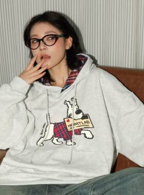【nomt官方店】  国潮卡通格纹连帽小狗印花上衣套头秋冬长袖卫衣