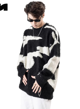 NOMT 高街黑白潮牌撞色毛衣男慵懒风情侣复古 秋冬款针织衫外套男