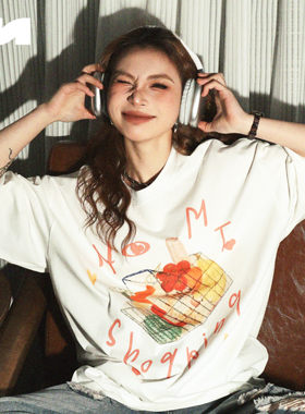 NOMT 国潮购物车印花简约百搭夏季上衣宽松休闲情侣款圆领短袖T恤