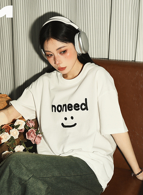 NOMT  国潮笑脸字母小众设计休闲宽松T恤圆领情侣款短袖夏季上衣