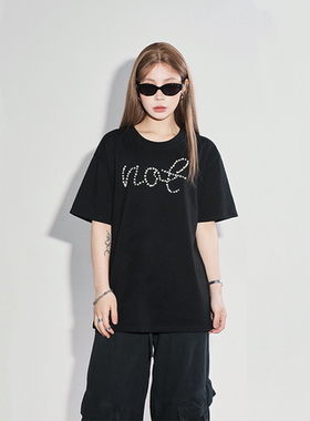 nomt 高级立体珍珠铆钉钉珠街头重磅嘻哈字母印花圆领短袖T恤