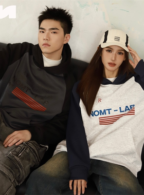 NOMT潮流字母插肩美式复古国旗印花宽松设计款男女情侣款连帽卫衣