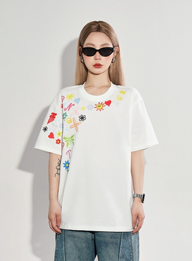 nomt 潮牌创意涂鸦过肩碎花花卉创意LOGO宽松重磅纯棉透气短袖