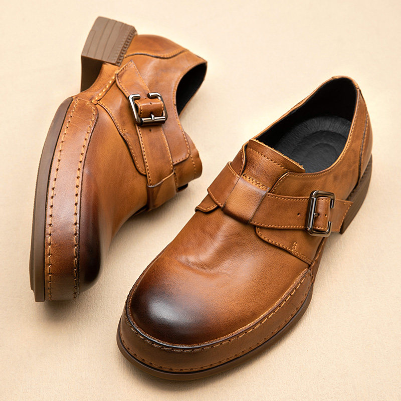 秋季男鞋休闲皮鞋新款英伦复古真皮透气一脚蹬厚底搭扣轻便乐福鞋