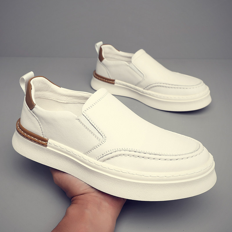 秋冬季男鞋头层牛皮白色真皮乐福鞋一脚蹬百搭休闲皮鞋潮牌板鞋男