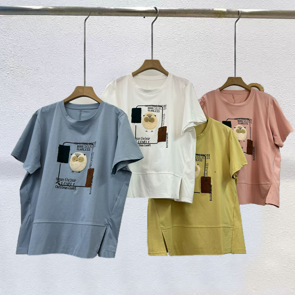 韩系卡通猫头鹰图案印花短袖T恤女宽松百搭圆领休闲遮肚显瘦上衣