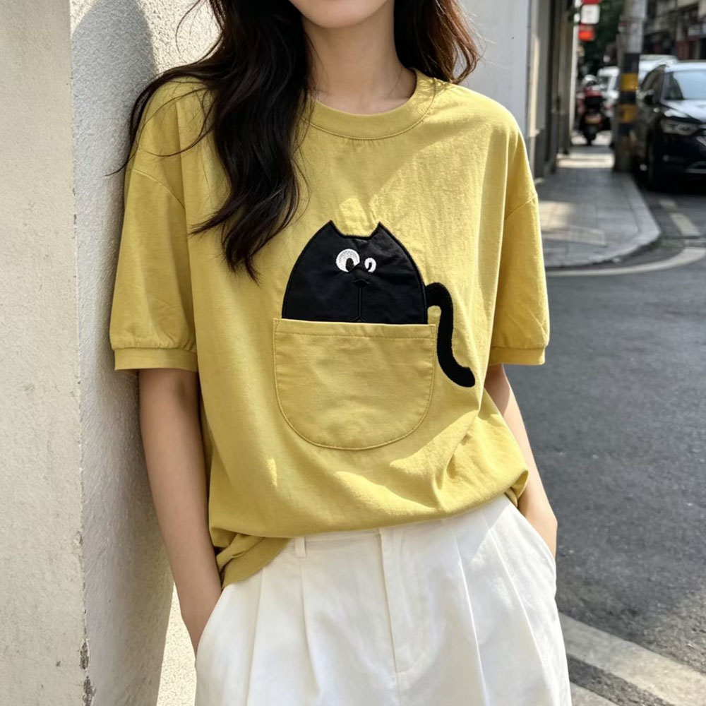 2026夏季新款时尚减龄可爱猫咪图案短袖T恤宽松显瘦别致女装上衣