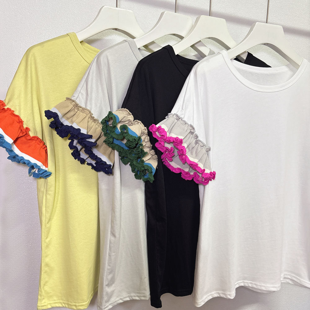 2025夏季新款撞色荷叶边小飞袖女装短袖T恤套头圆领别致港风上衣