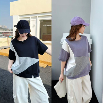 2026夏季新款洋气不规则撞色拼接短袖T恤套头卫衣女装港风上衣棉t