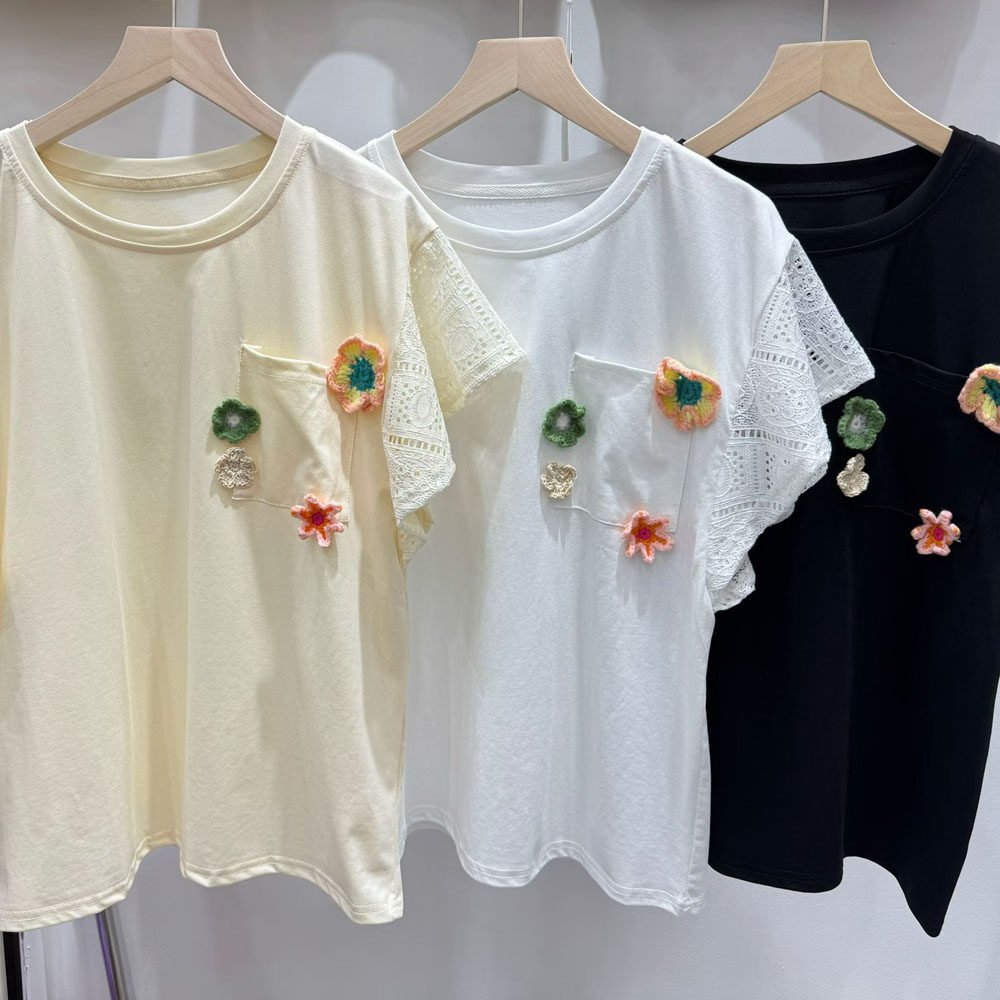 日系夏季新款钩花蕾丝荷叶边小飞袖女装上衣立体花朵口袋短袖T恤