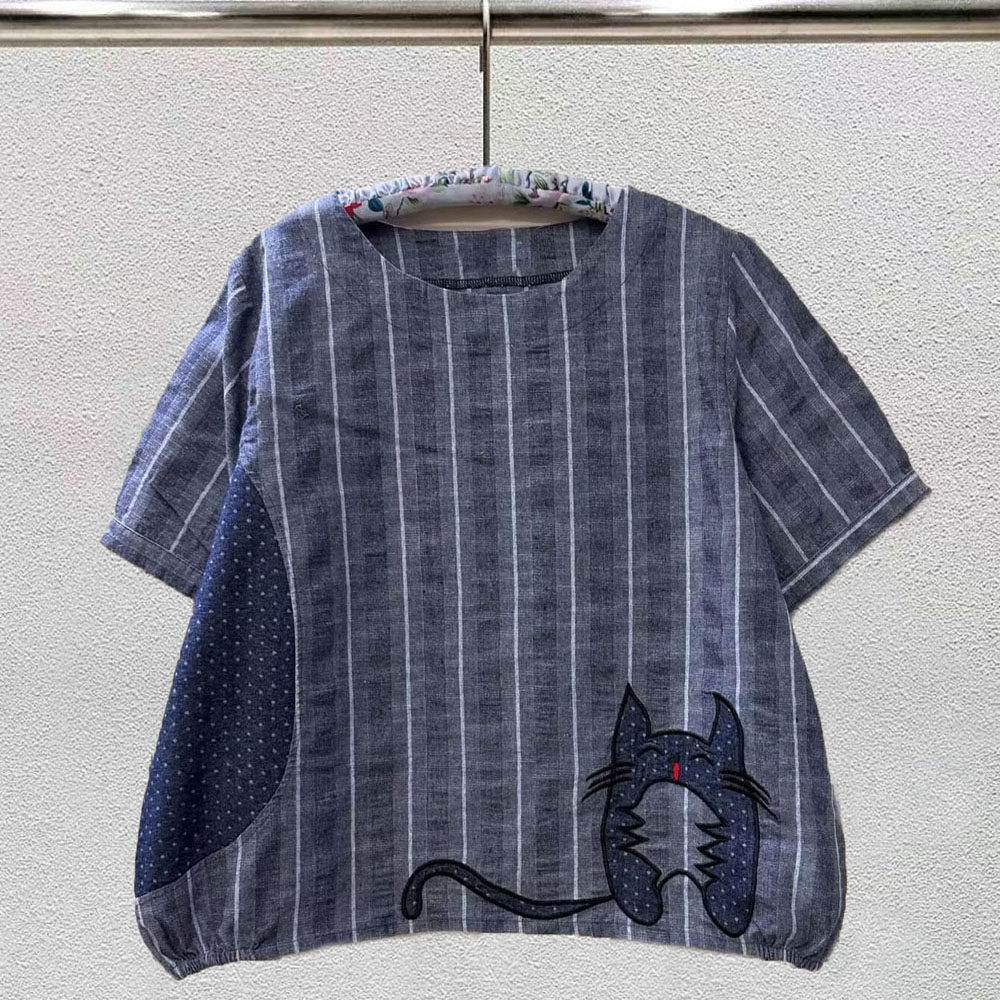 2026夏季新款刺绣猫咪牛仔布衬衫宽松遮肚显瘦大码上衣女短袖T恤