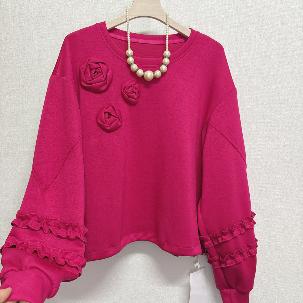 秋季新款立体花朵设计感模板泡泡长袖上衣女装宽松显瘦套头卫衣