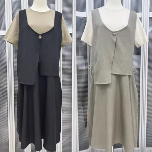 时尚韩版拼色西装马甲假两件套装裙不规则设计感短袖洋气连衣裙子