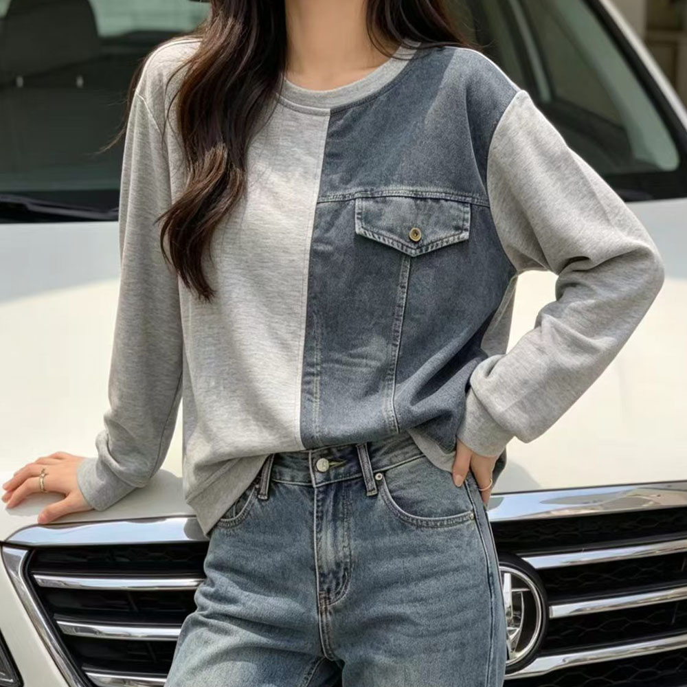 时尚不规则撞色牛仔布拼接套头卫衣长袖T恤宽松休闲显瘦女装上衣