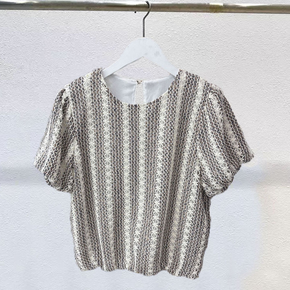 夏季新款韩版宽松显瘦百搭圆领花边袖T恤设计感小众钩花女装上衣