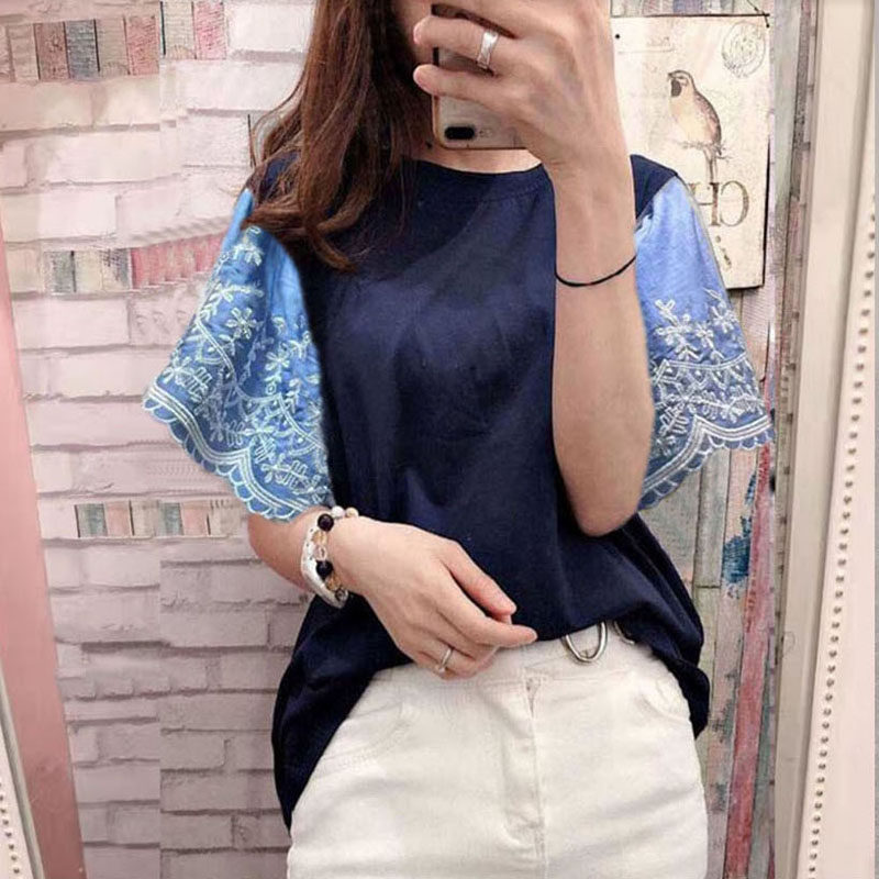 韩版夏装新款荷叶边拼接棉质短袖女T恤小飞袖娃娃衫宽松显瘦上衣