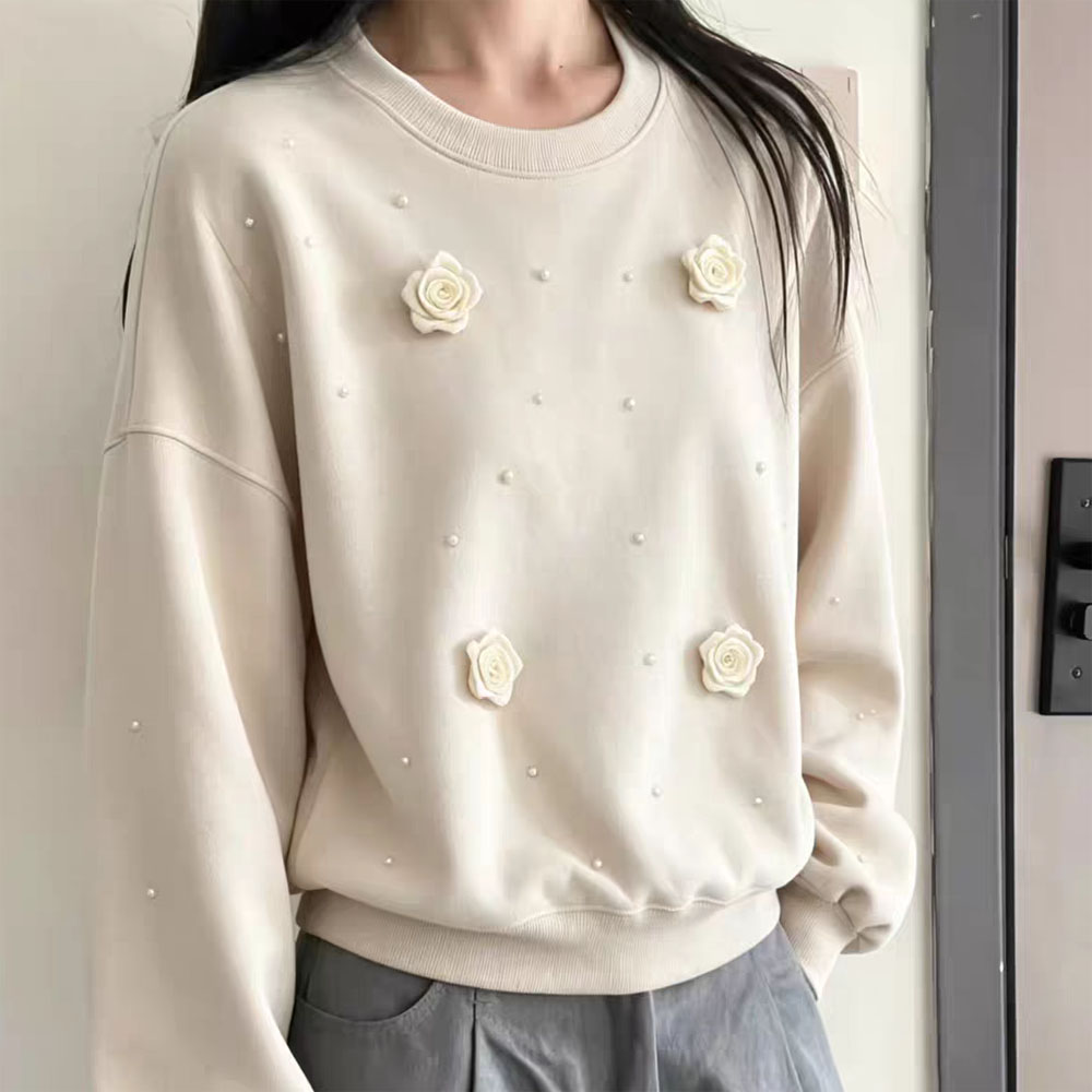 重工钉珠立体花朵套头卫衣宽松休闲遮肉洋气长袖上衣秋季女装T恤