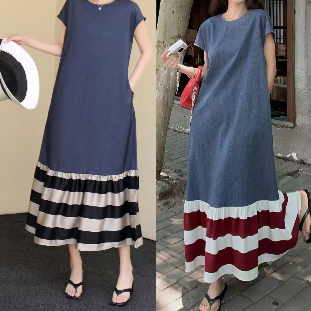 法式撞色条纹荷叶边下摆拼接连衣裙女夏松弛感宽松遮肉牛仔长裙