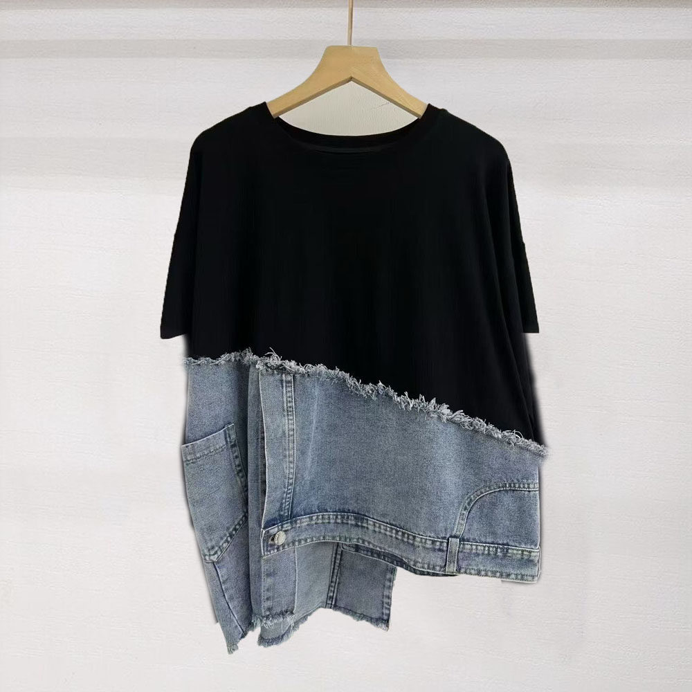 不对称短袖Tt恤女宽松休闲牛仔裤头个性下摆时尚炸街ins超火上衣