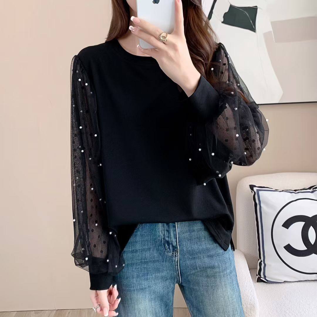 重工钉珠网纱蕾丝泡泡袖女装衬衫宽松显瘦圆领长袖T恤女装上衣