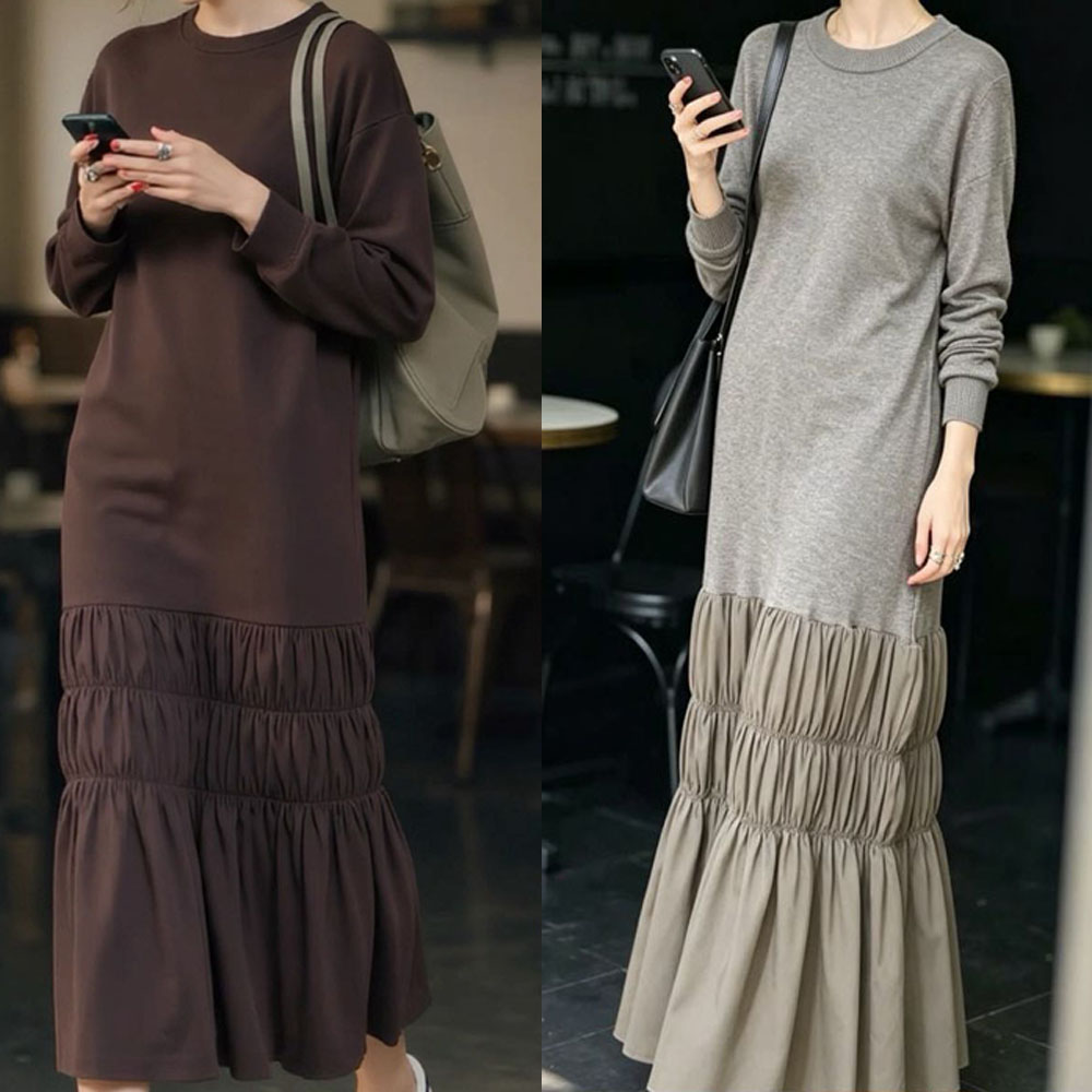 韩版chic大码宽松鱼尾卫衣裙女秋冬季新款大码宽松拼接长款连衣裙
