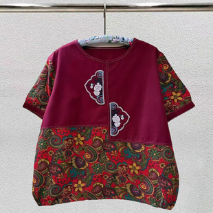 2026春夏季新款刺绣花朵不规则印花短袖T恤女装衬衫宽松大码上衣