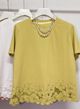 夏季新款重工刺绣镂空花朵下摆拼接短袖T恤宽松显瘦女装上衣小衫