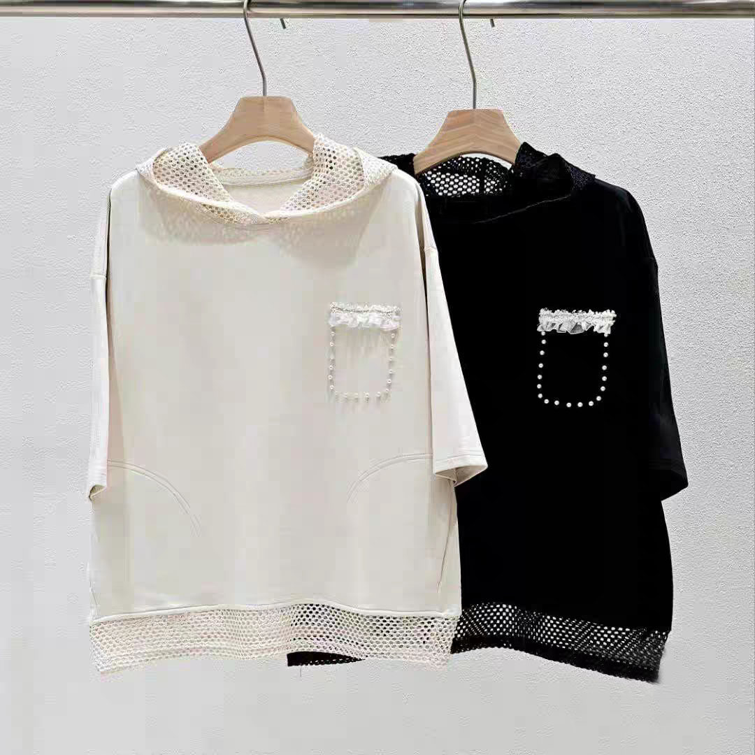 2026东大门春夏装新款女上衣镂空连帽钉珠拼接边宽松休闲短袖T恤