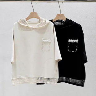 女上衣镂空连帽钉珠拼接边宽松休闲短袖 T恤 新款 2026东大门春夏装