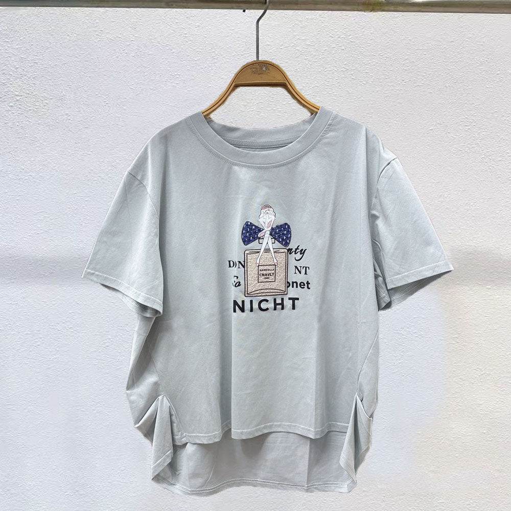 夏季新款时尚韩版前短后长设计感印花短袖宽松大码上衣女装衬衫