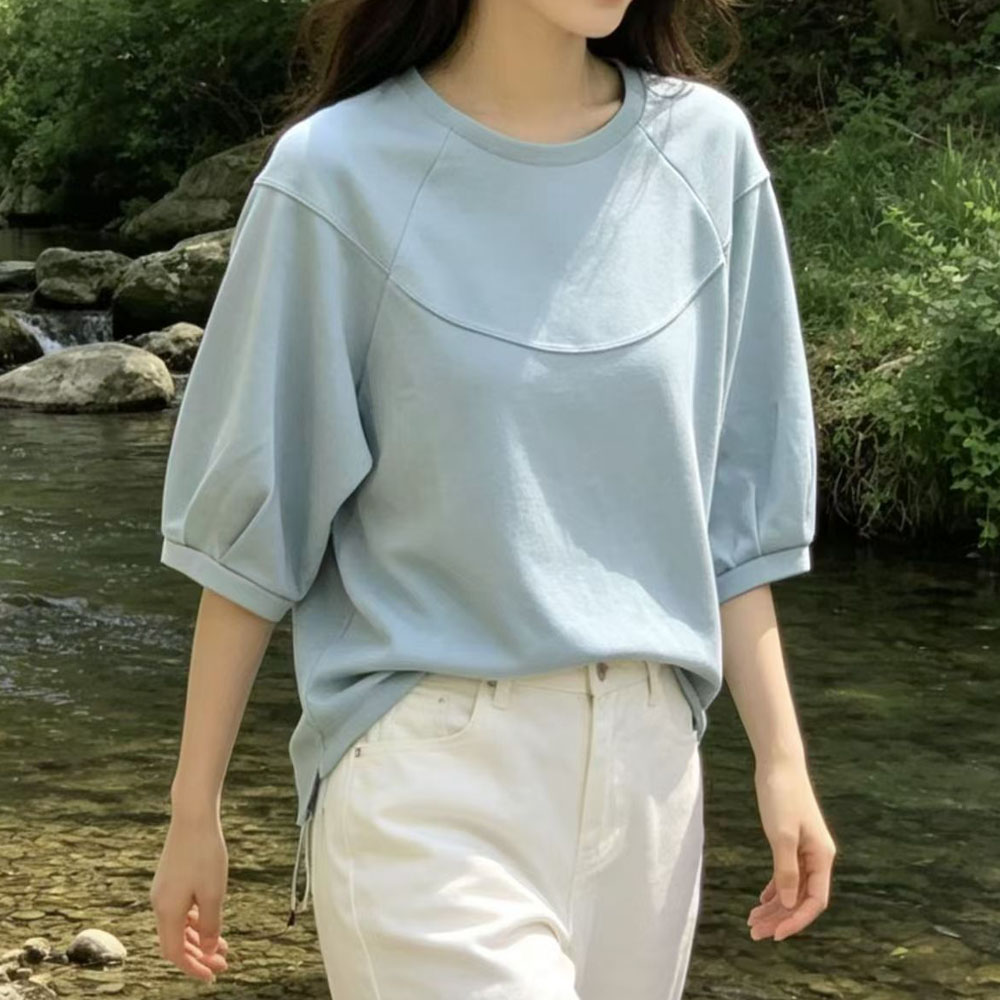 2026早秋新款五分袖T恤女半袖卫衣夏季时髦洋气高级感灯笼袖上衣