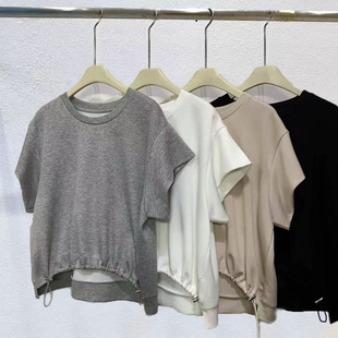 春夏季新款荷叶边飞飞袖上衣抽绳下摆前短后长设计感女装短袖Tt恤