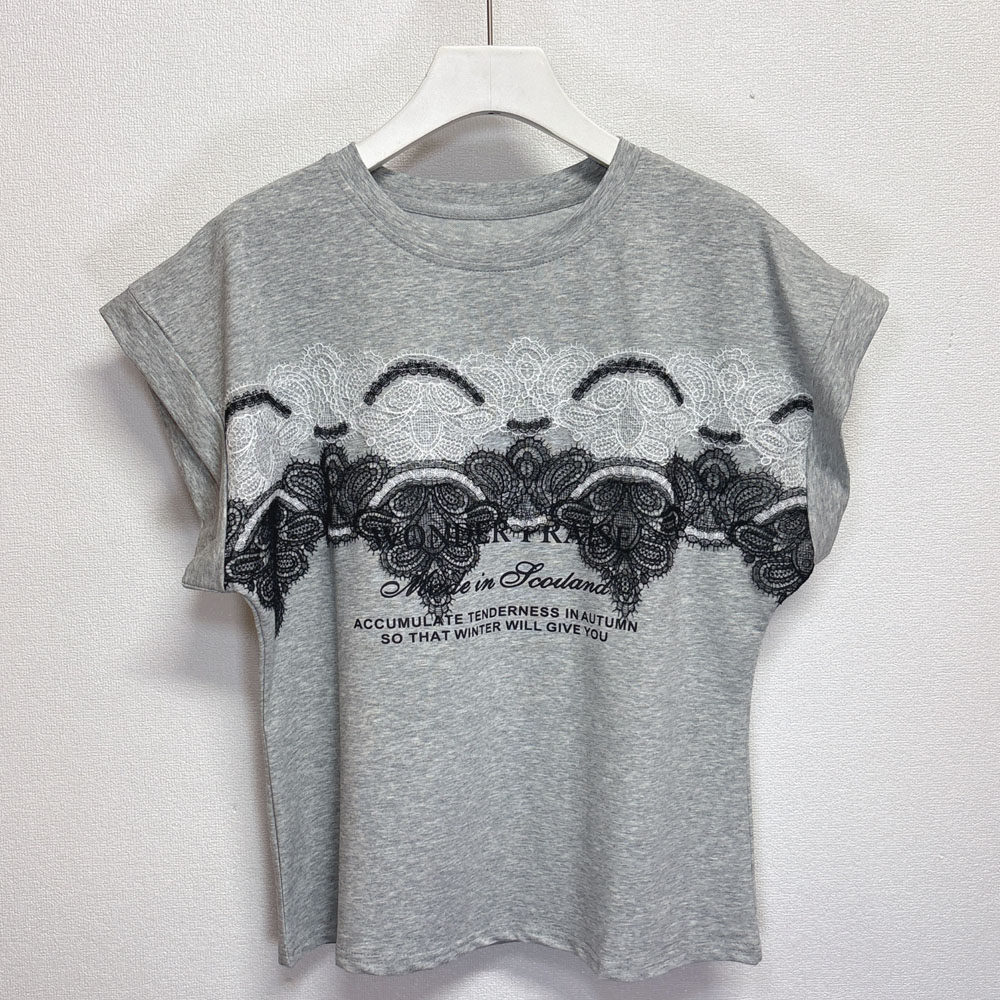 夏季新款时尚蕾丝花边拼接字母印花短袖T恤宽松显瘦女装圆领上衣
