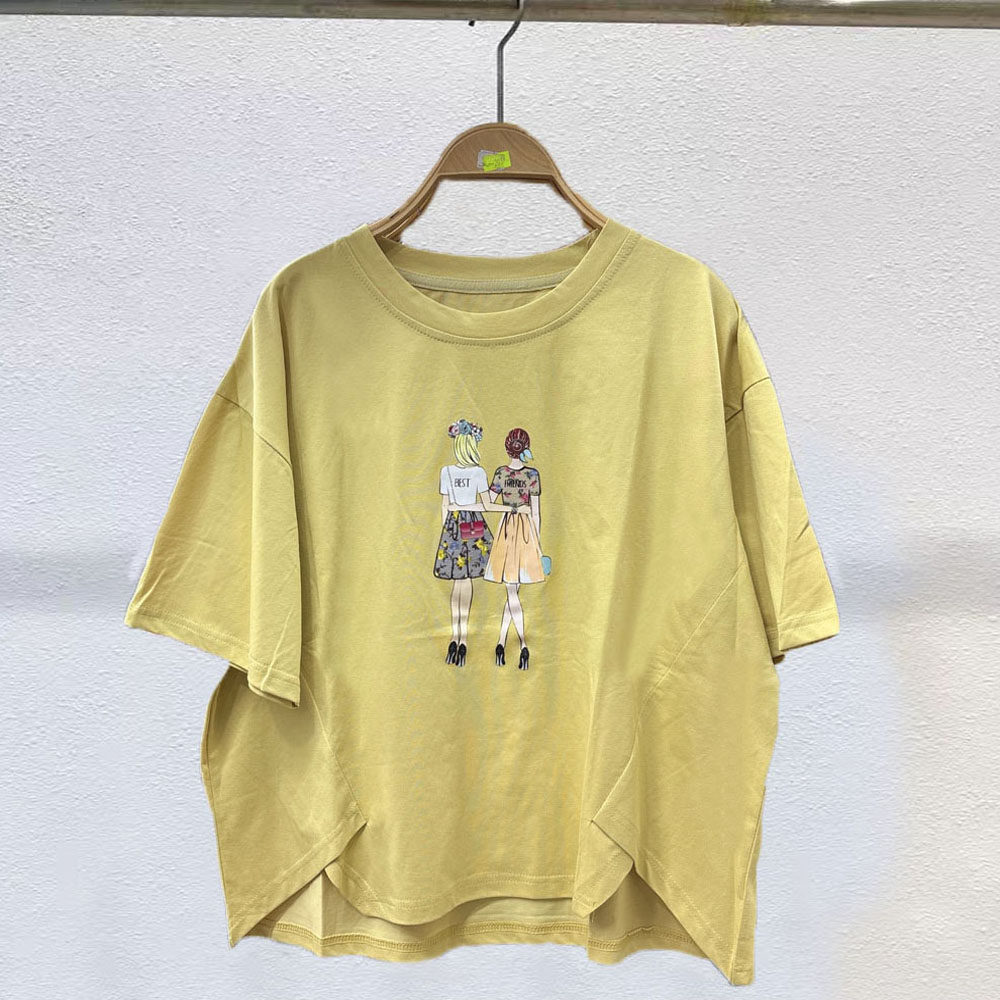 夏季新款时尚韩版前短后长设计感人物花短袖宽松大码上衣女装衬衫