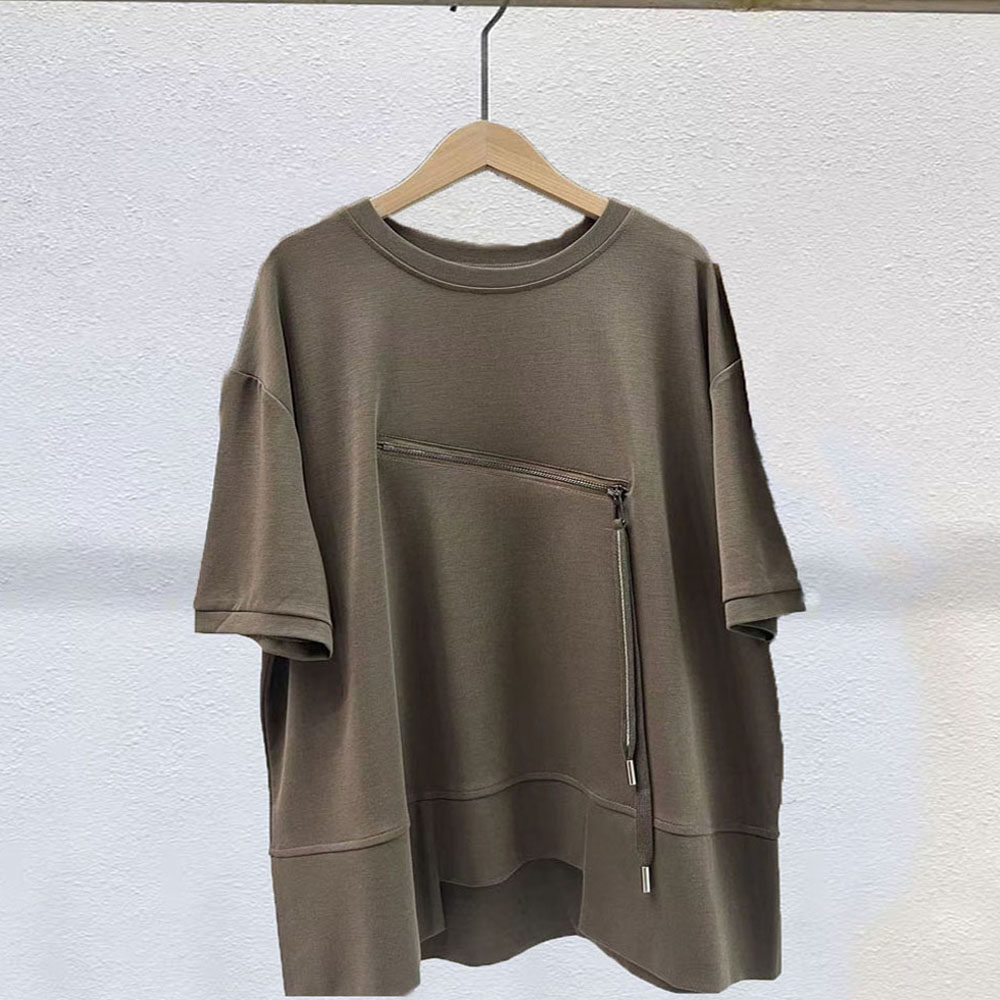 夏季新款拉链装饰设计宽松休闲大码上衣不规则前短后长短袖T恤女t