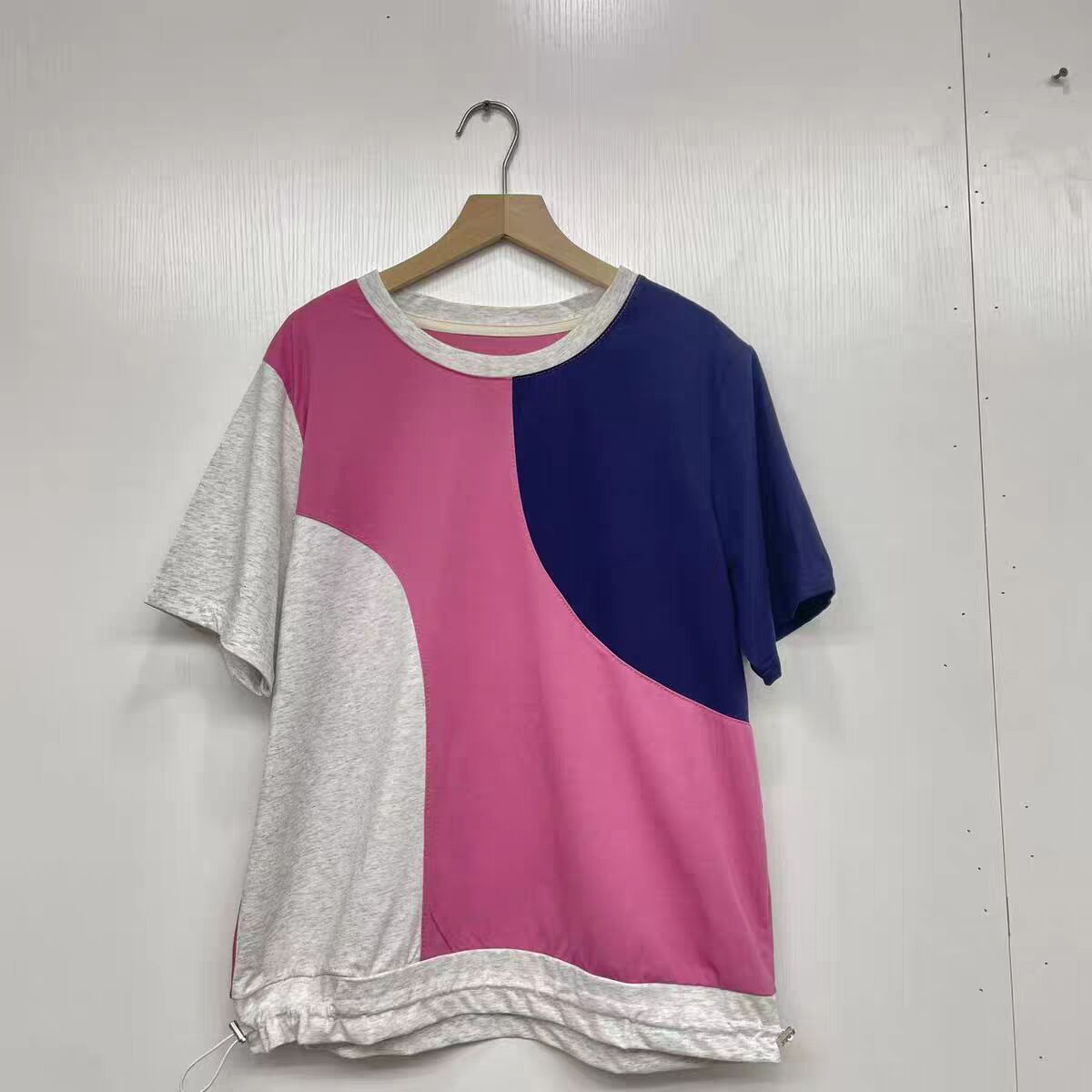 夏季新款韩版撞色拼接设计感套头圆领T恤宽松显瘦假两件女装上衣