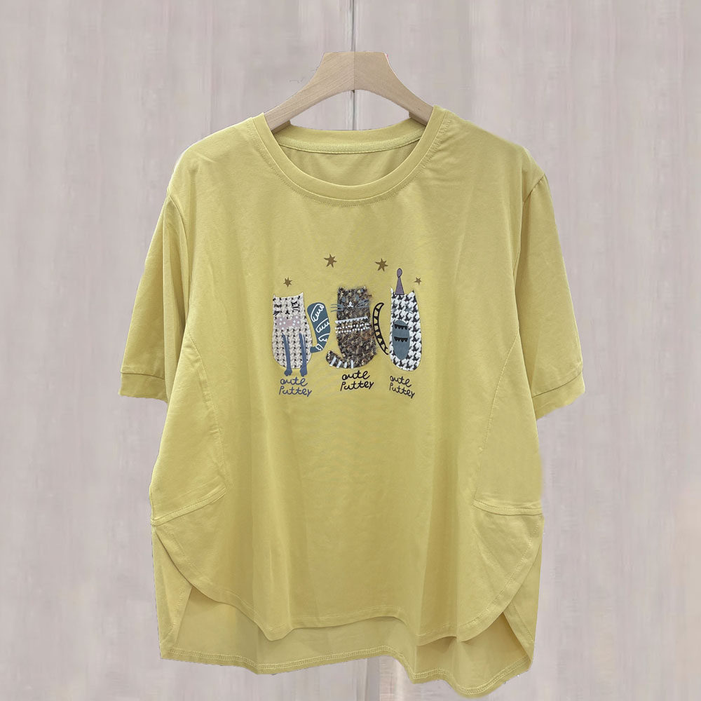 2025夏季新款时尚不规则前短后长猫头鹰印花套头圆领上衣短袖T恤