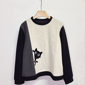 2026新款 遮肚上衣 宽松撞色印花猫咪图案时尚 圆领淘汰长袖 卫衣女装