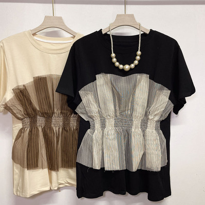 不规则网纱拼接荷叶边娃娃衫