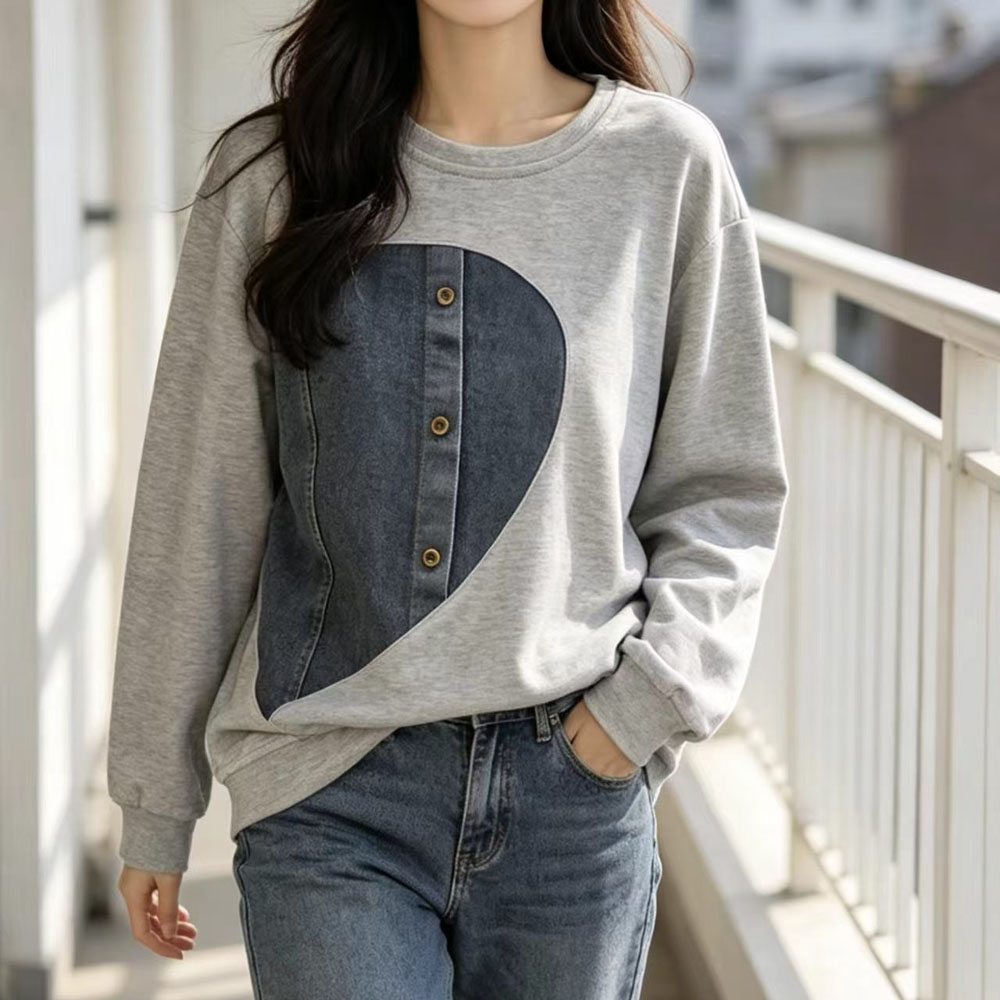 秋季新款时尚不规则撞色拼接套头卫衣宽松显瘦长袖上衣女装短外套