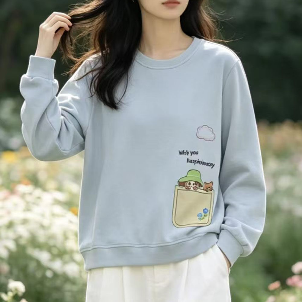 卡通风圆领卫衣女长袖宽松口袋印花休闲显瘦上衣