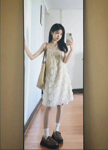 白色流苏吊带连衣裙子仙女夏季