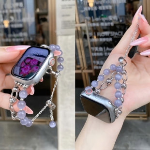适用苹果iWatch多巴胺猫眼串珠表带小米9pro表带华为Fit3高级链条