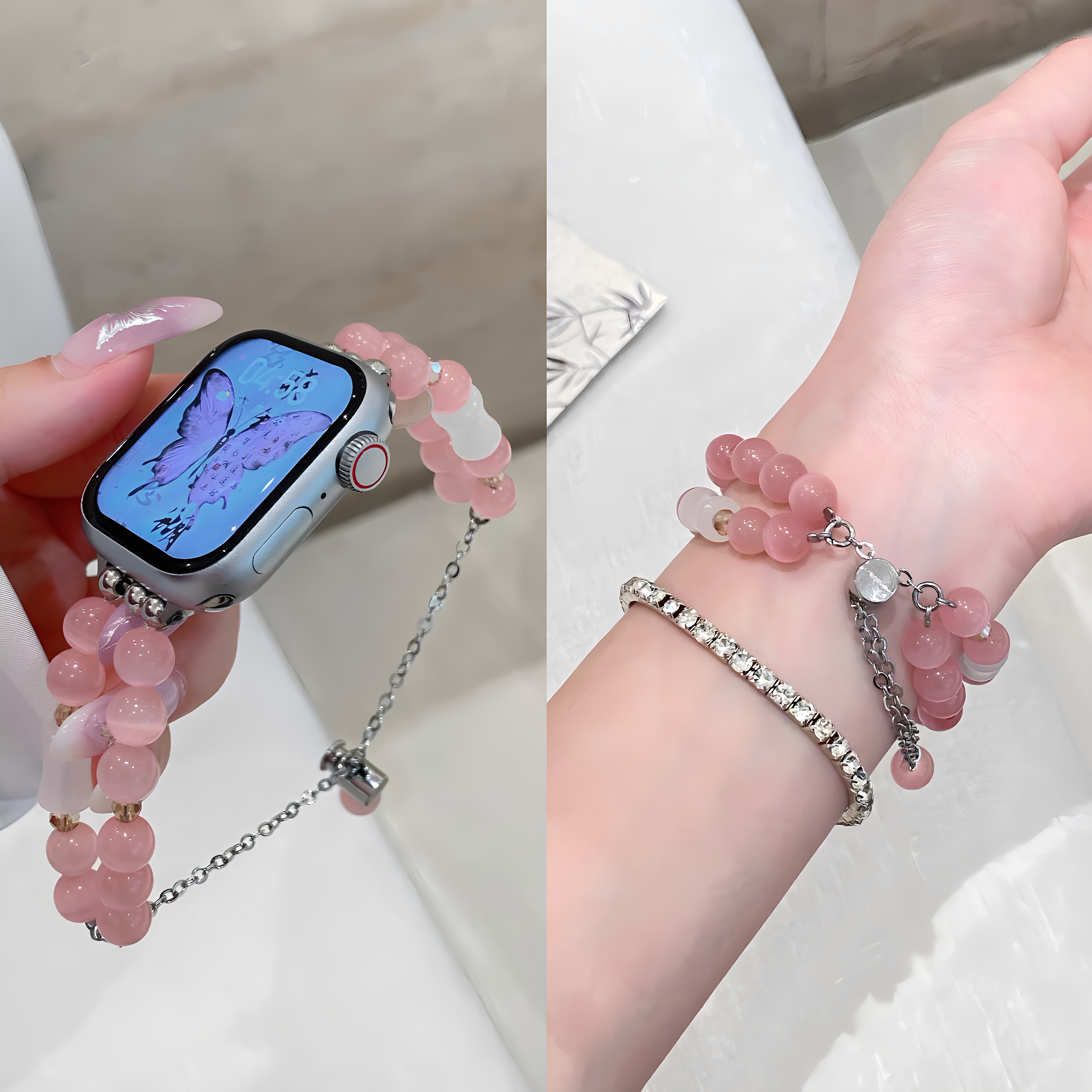 轻奢夏日猫眼串珠适用iwatchS10表带小米8/9pro双链女
